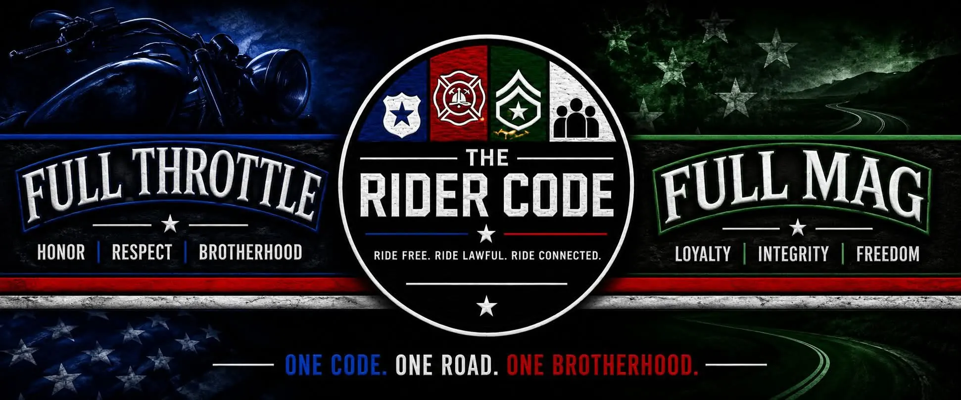 The Rider Code, Full Throttle Full Mag ecosystem promoting lawful riding, leadership, respect, and brotherhood.